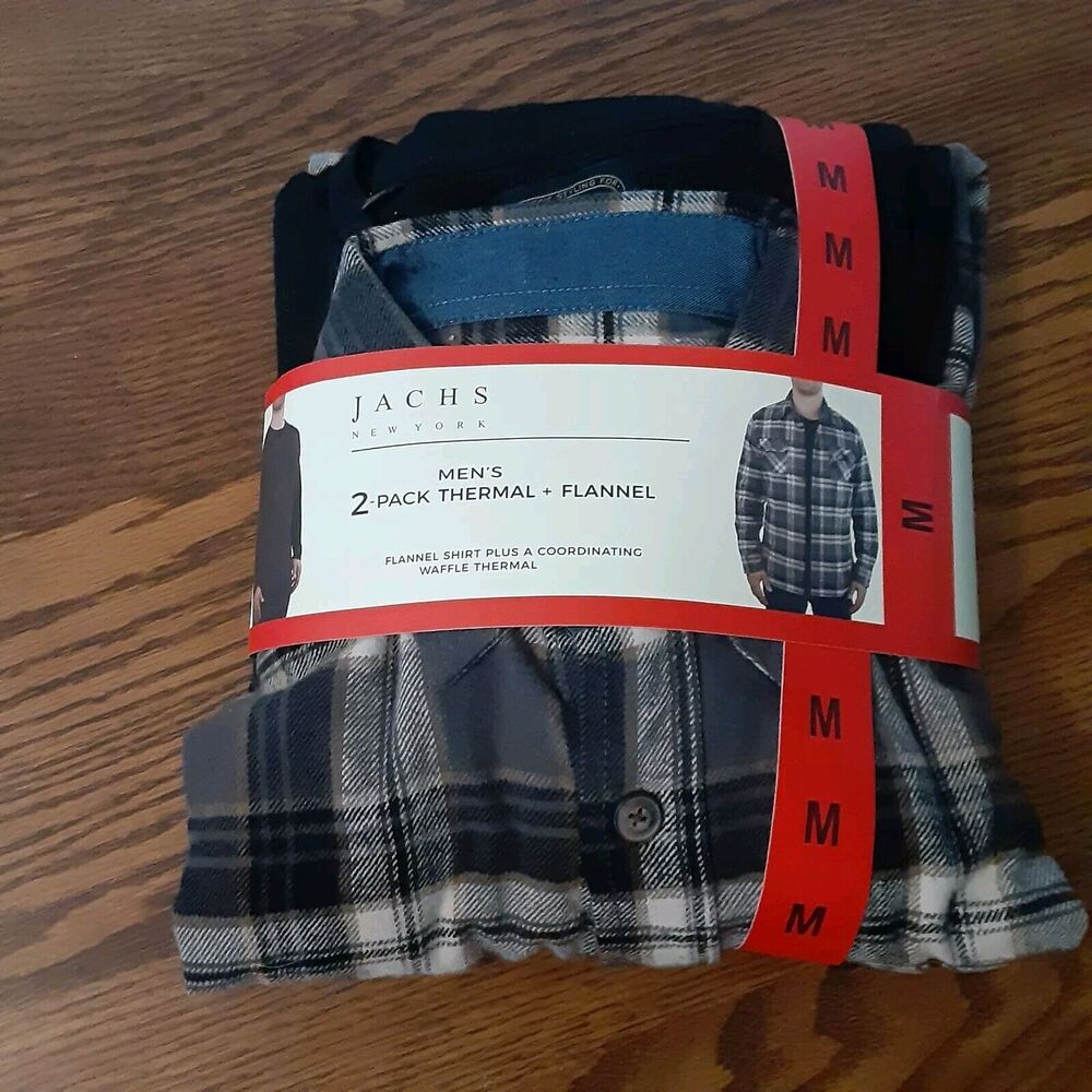 Jachs New York 2-Pack Men's M Waffle Thermal & Flannel Shirt Black Gray Plaid
